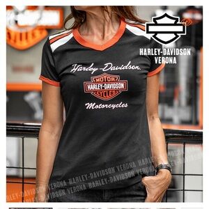 NWT Small Harley-Davidson WOMEN'S ICONIC V-NECK SHOULDER STRIPE TEE